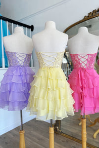 Hot Pink Appliques Chiffon Tiered Short Homecoming Dress
