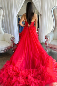 Red Floral Strapless A-line Ruffle Layers Long Prom Dress