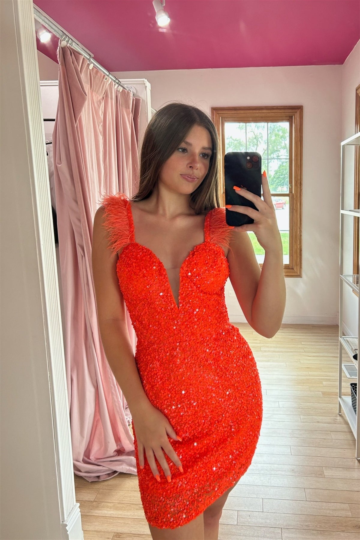 Orange Plunging V Neck Sequins Sheath Homecoming Dress with Feathers