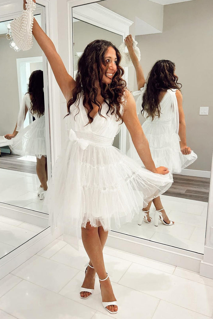 White V Neck Beaded Multi-Layers Bow Tie A-line Homecoming Dress