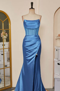 Blue Pleated Strapless Mermaid Satin Long Prom Dress with Slit