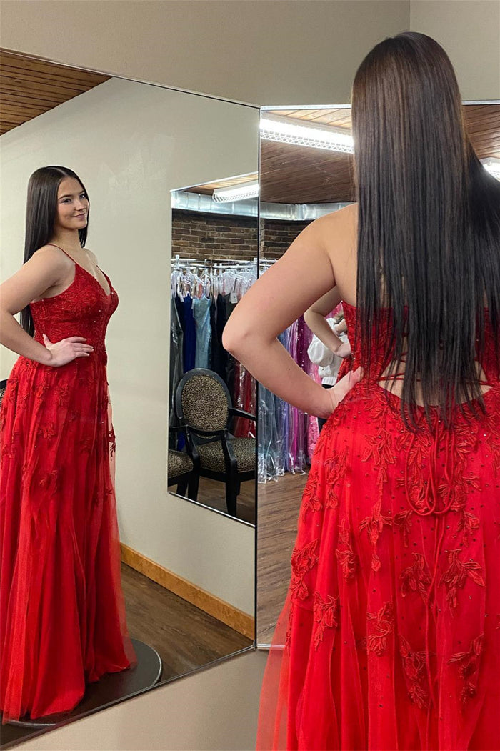 Red Plunging V Neck Floral Appliques Slip Long Prom Dress with Slit