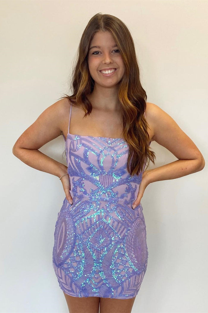 Lavender Straps Sheath Sequins-Embroidered Homecoming Dress