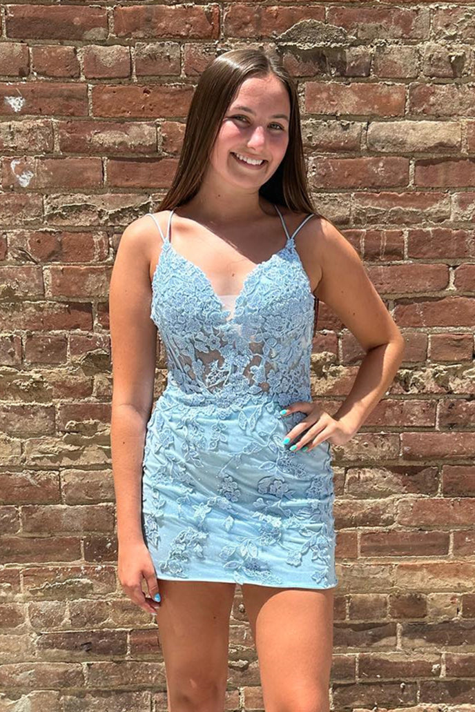 Light Blue Appliques Lace-Up Sheath Homecoming Dress