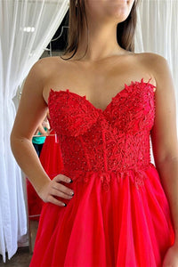 Red Floral Strapless A-line Ruffle Layers Long Prom Dress