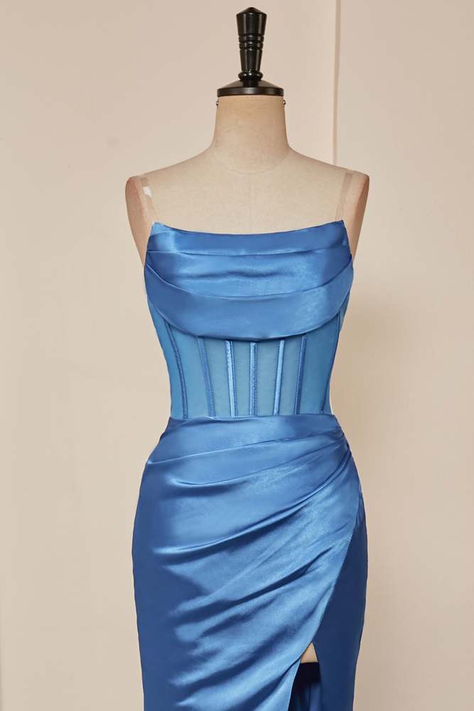 Blue Pleated Strapless Mermaid Satin Long Prom Dress with Slit