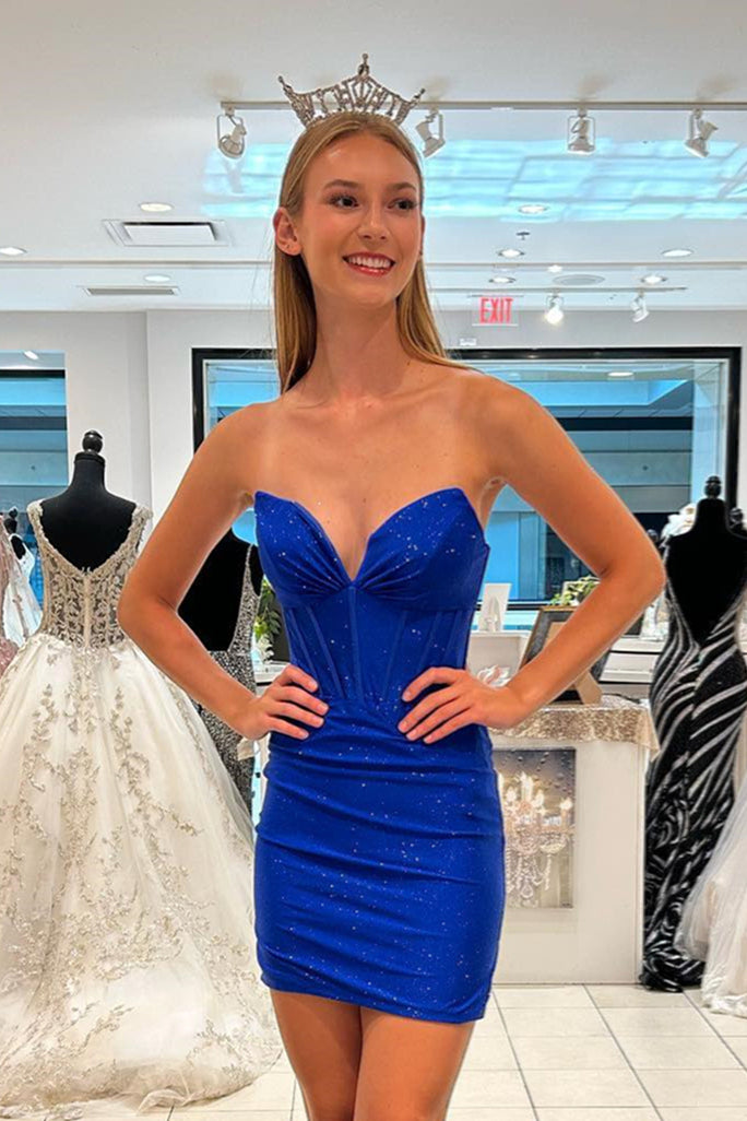 Sparkly Royal Blue Strapless Satin Sheath Homecoming Dress