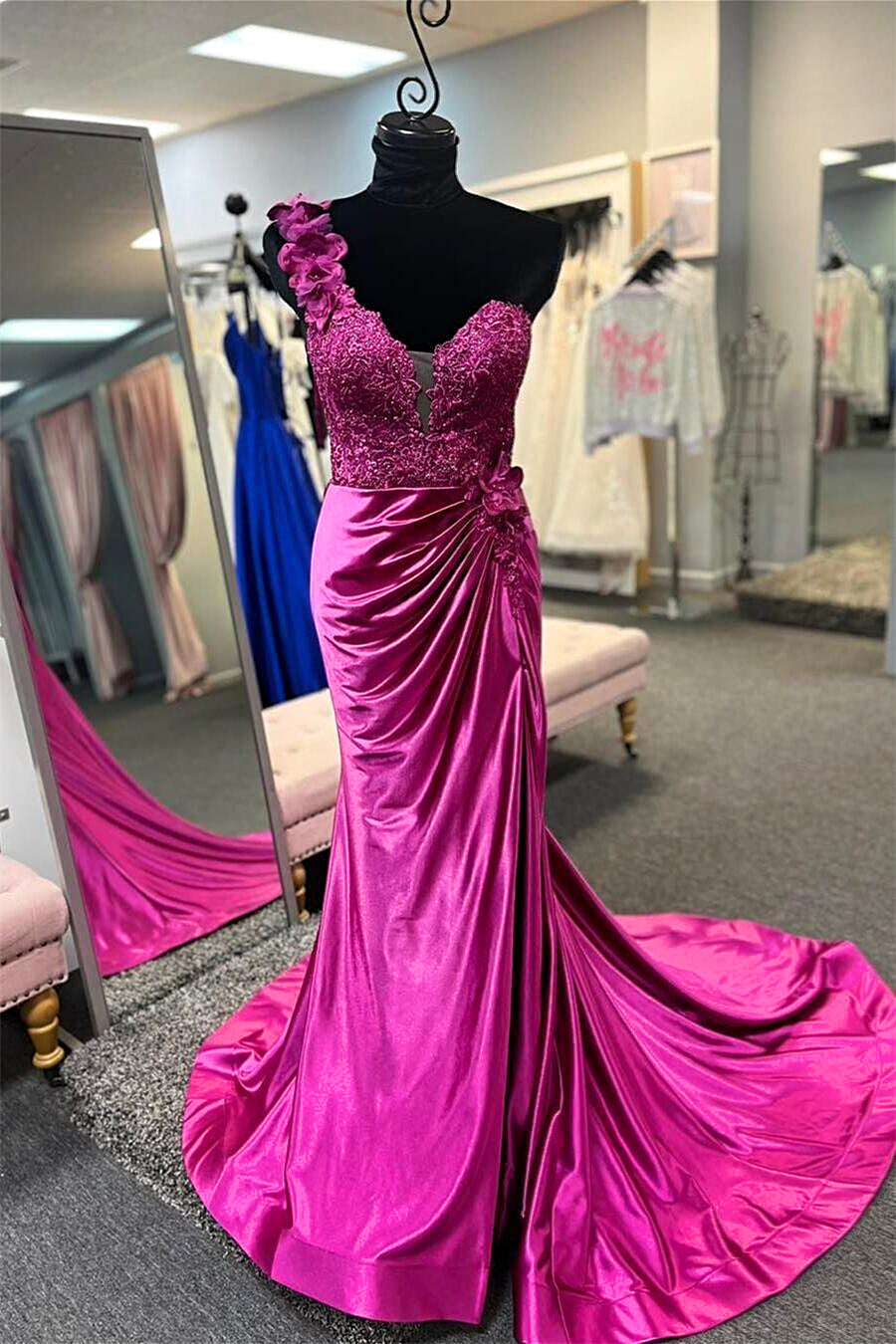 Fuchsia One Shoulder Floral Mermaid Long Prom Dress