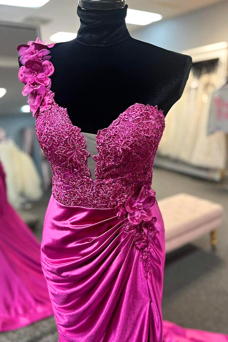 Fuchsia One Shoulder Floral Mermaid Long Prom Dress