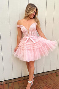 Pink Plunging Off-the-Shoulder Appliques Multi-Layers Homecoming Dress