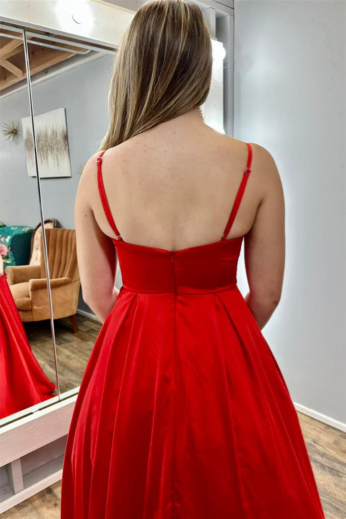 Red Satin Cowl Neck Spaghetti Straps A-line Long Prom Dress
