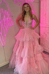 Pink Plunging V Halter Layers A-line Long Prom Dress
