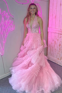 Pink Plunging V Halter Layers A-line Long Prom Dress