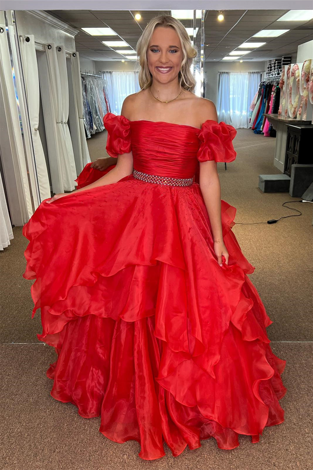 Red Off-the-Shoulder Layers Beaded Tulle Long Prom Dress