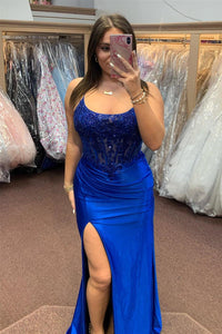 Royal Blue Lace-Up Floral Mermaid Satin Long Prom Dress with Slit