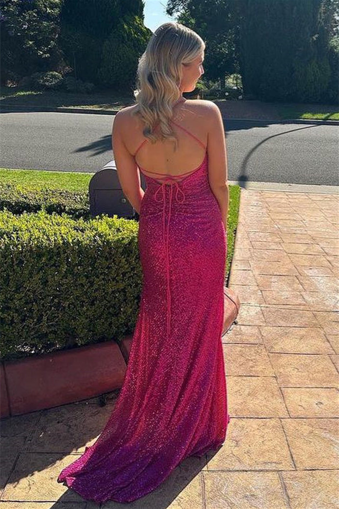 Fuchsia Lace-Up Mermaid Sequins Long Prom Dress with Slit