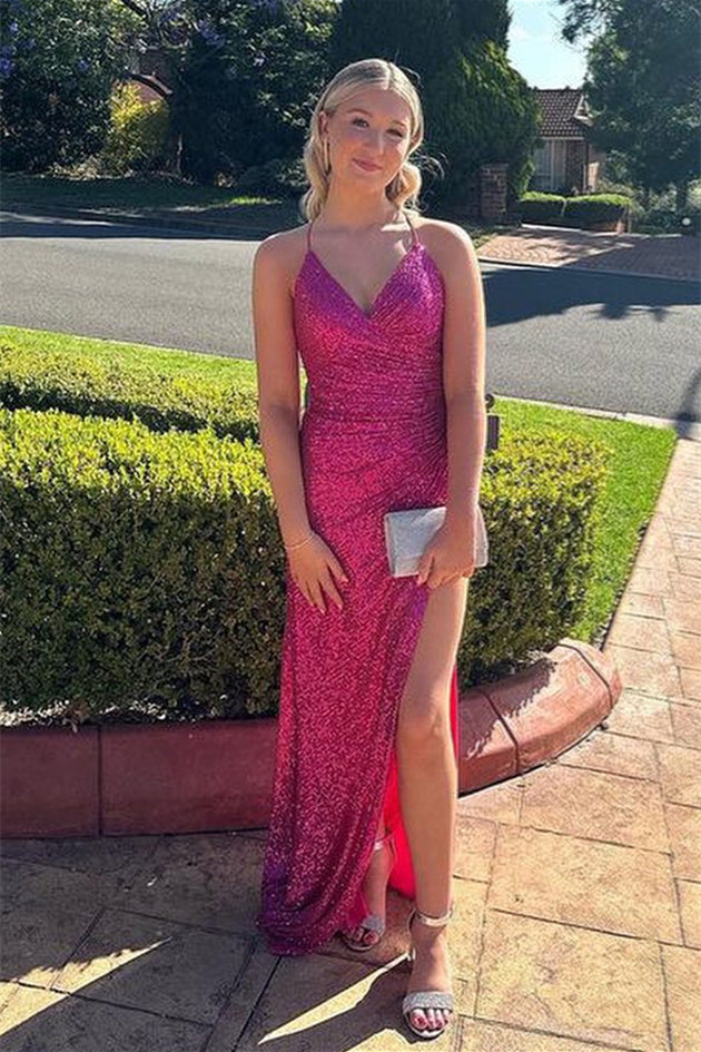 Fuchsia Lace-Up Mermaid Sequins Long Prom Dress with Slit