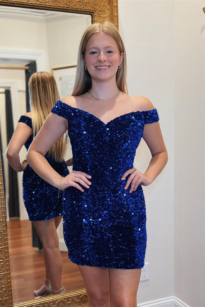 Royal Blue Off-the-Shoulder Sequins Sheath Homecoming Dress