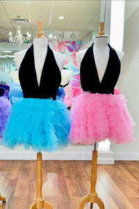 Halter Black and Lavender Tulle Ruffle Short Dress