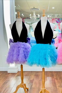 Halter Black and Lavender Tulle Ruffle Short Dress
