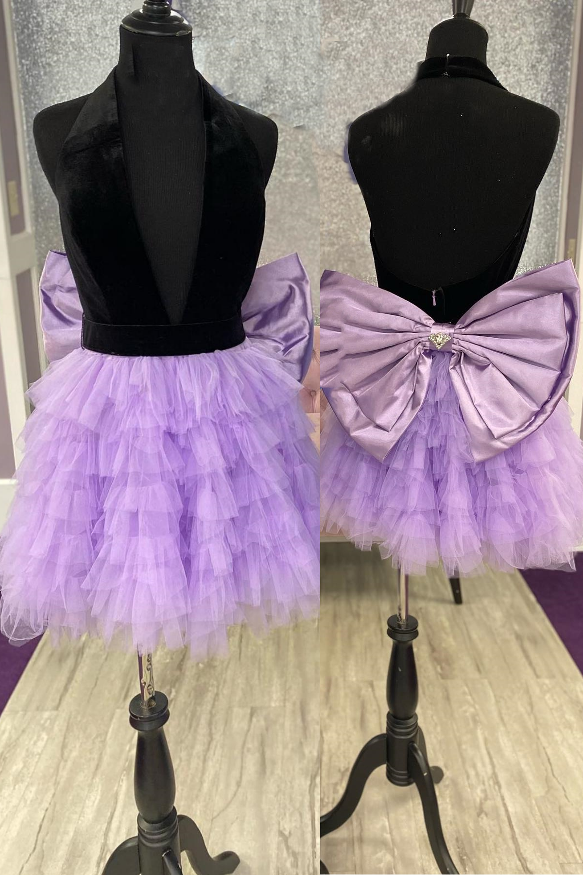 Halter Black and Lavender Tulle Ruffle Short Dress