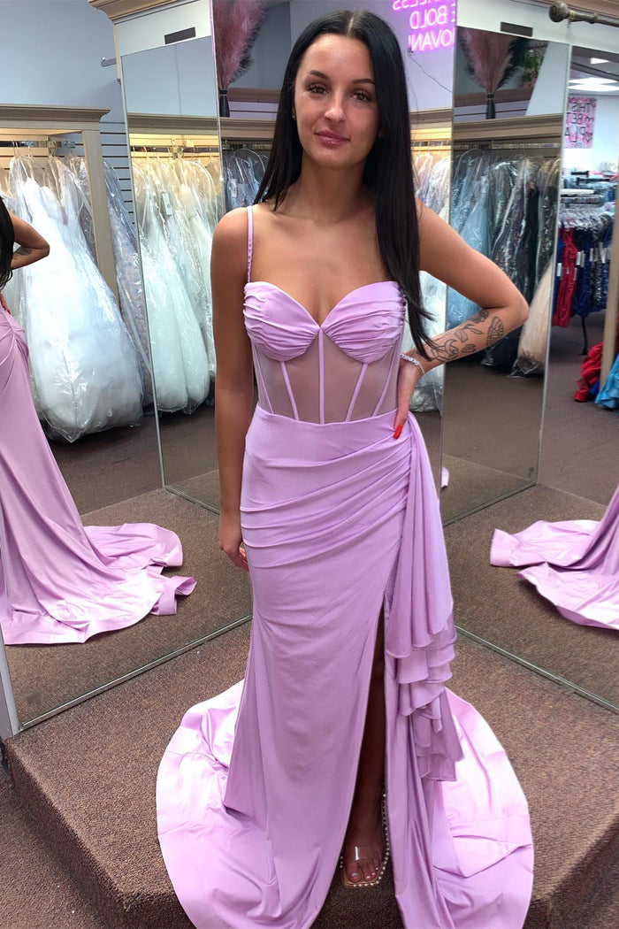 Lilac Cascading Ruffle Mermaid Satin Long Prom Dress with Slit