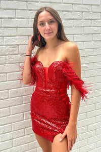 Red Plunging Off-the-Shoulder Sequins Homecoming Dress with Feathers