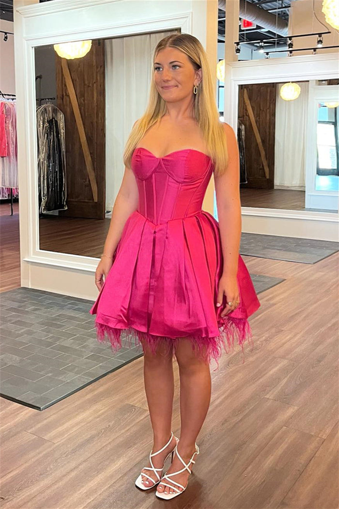 Barbie Pink Strapless Lace-Up A-line Satin Homecoming Dress with Feathers