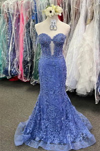 Periwinkle Strapless Floral Mermaid Long Prom Dress