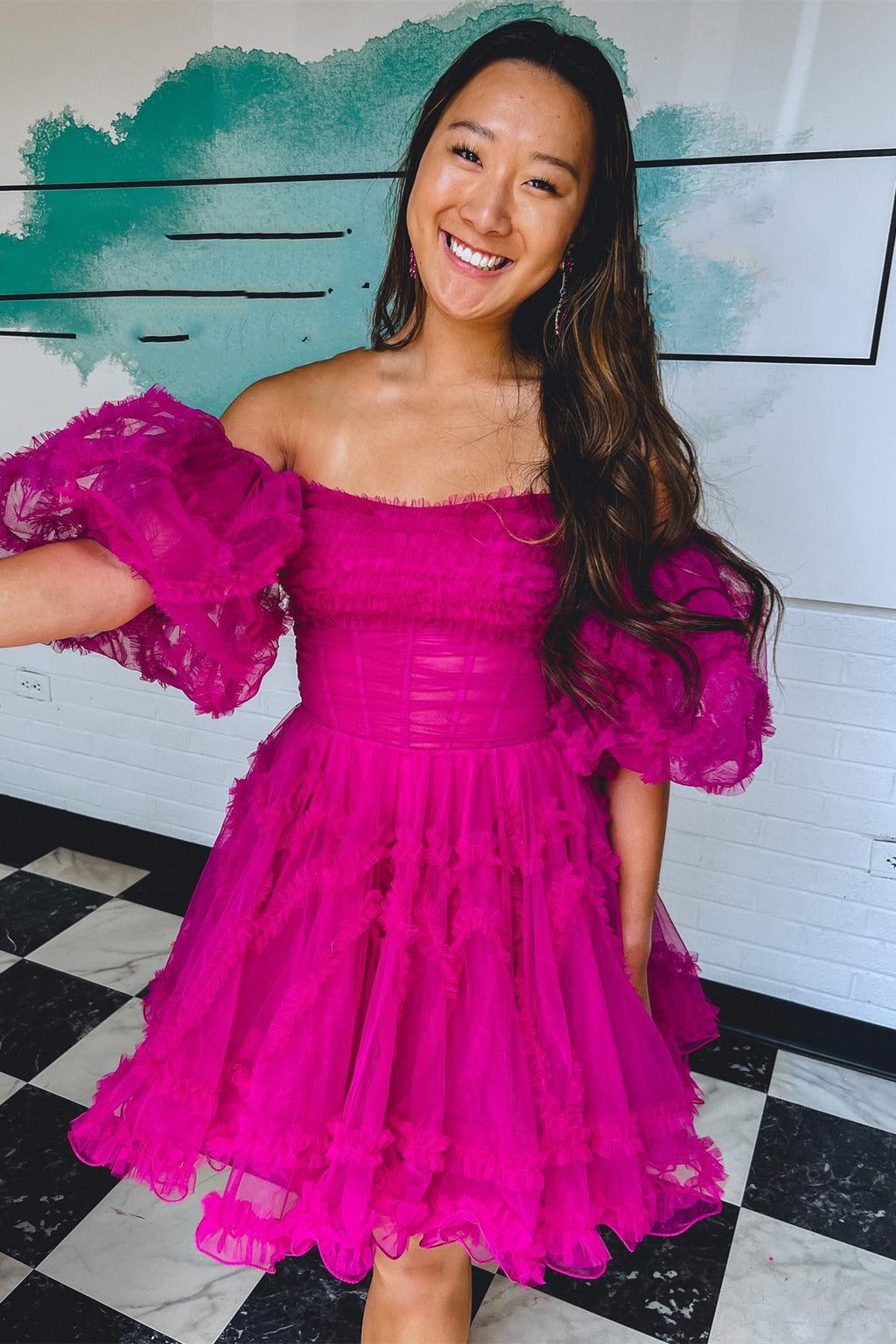 Fuchsia OfftheShoulder Puff Sleeves Tulle RuffleLayers D