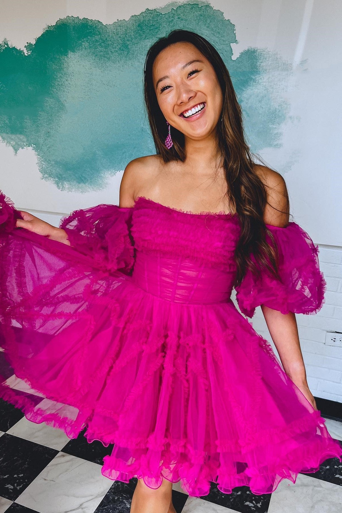 Fuchsia Off-the-Shoulder Puff Sleeves Tulle Ruffle-Layers Homecoming Dress