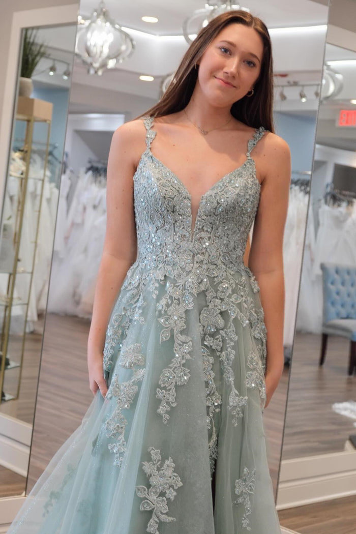 Sage Green Floral Straps Appliques A-line Long Prom Dress