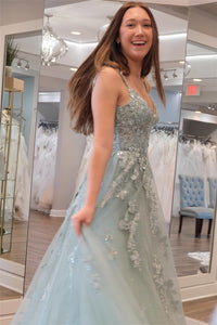 Sage Green Floral Straps Appliques A-line Long Prom Dress