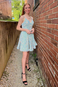 Light Blue Sequins V Neck A-line Homecoming Dress
