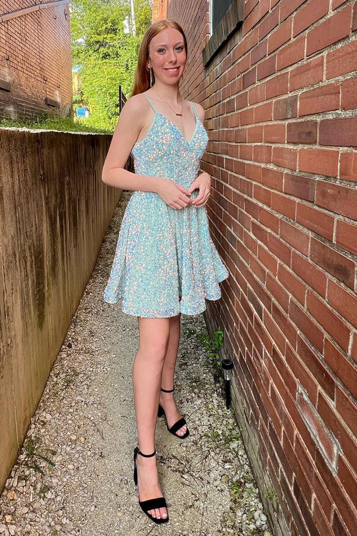 Light Blue Sequins V Neck A-line Homecoming Dress