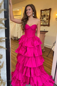 Fuchsia Strapless Layers A-line Long Prom Dress