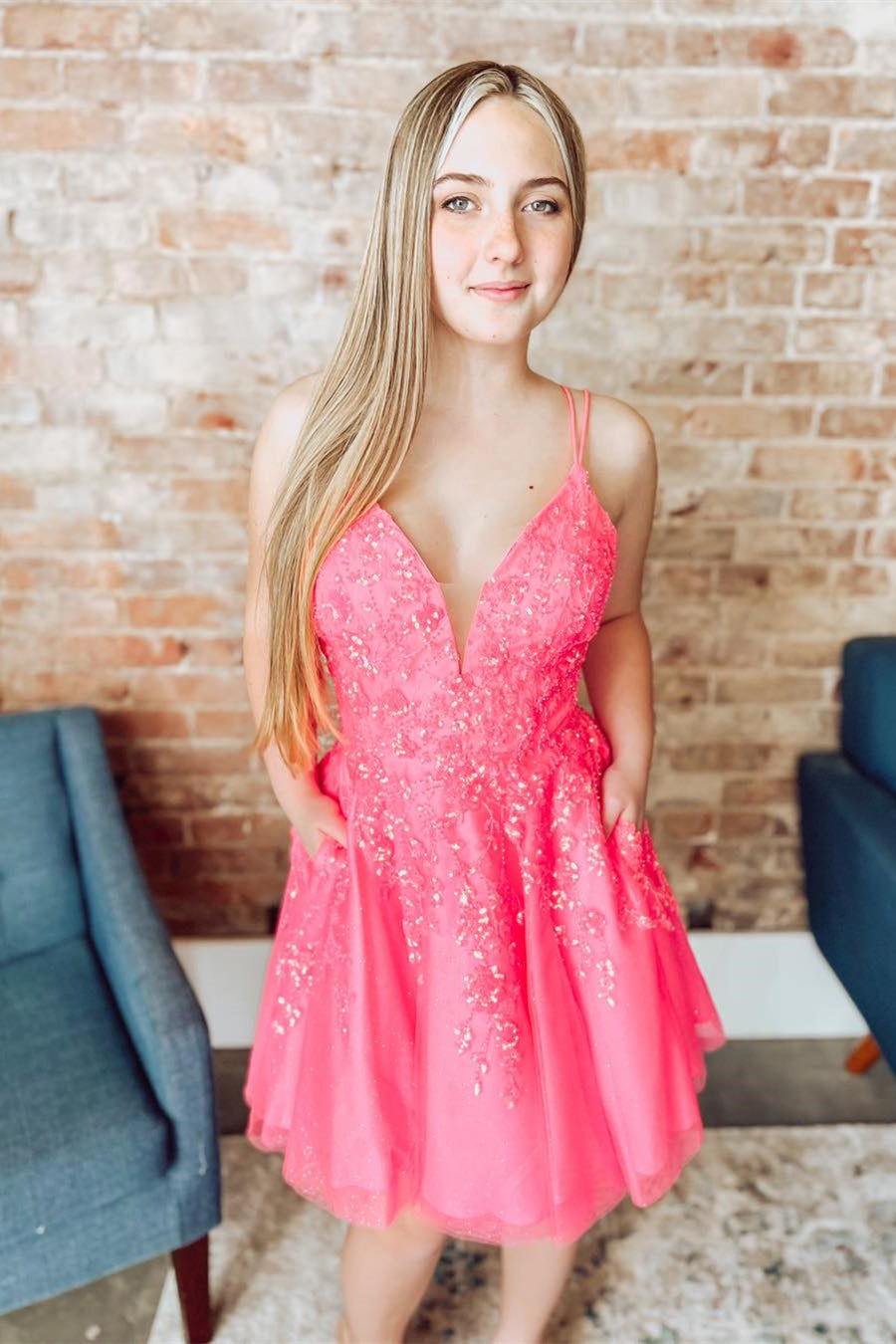 Hot Pink Deep V Neck Lace-Up Appliques A-line Homecoming Dress