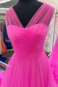 Hot Pink Illusion Strapless A-line Layers Tulle Long Prom Dress