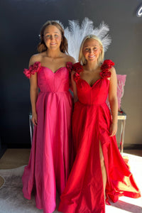 Rose Pink & Red Floral Straps A-line Satin Long Prom Dress with Slit