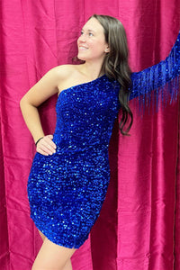 Royal Blue One Shoulder Long Sleeve Sequins Sheath Homecoming Dress with Tassels