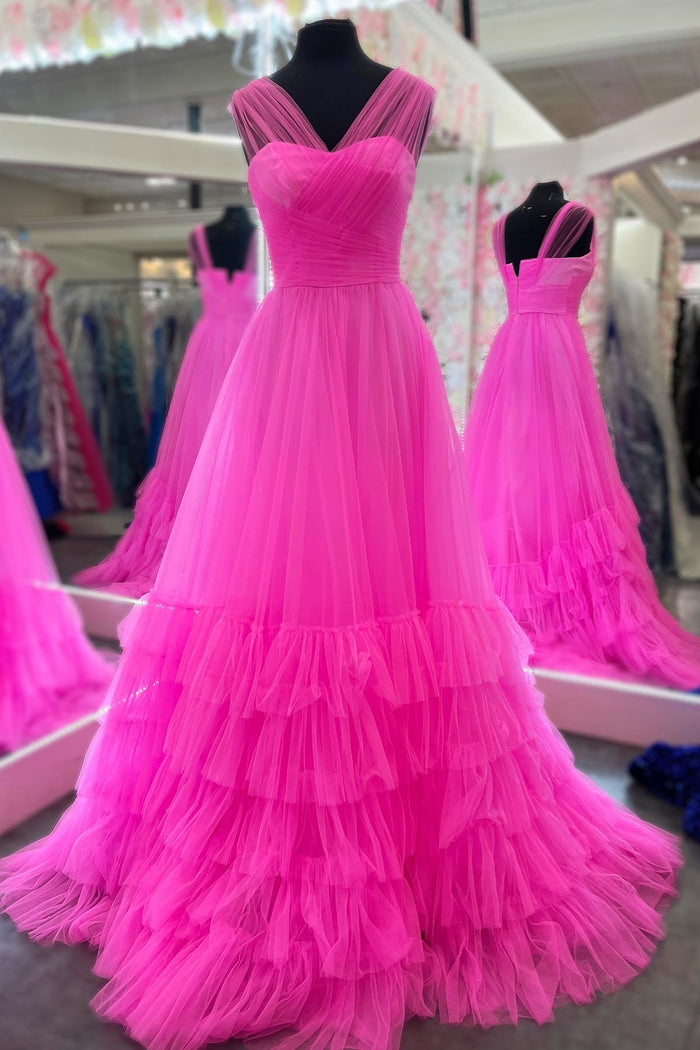 Hot Pink Illusion Strapless A-line Layers Tulle Long Prom Dress