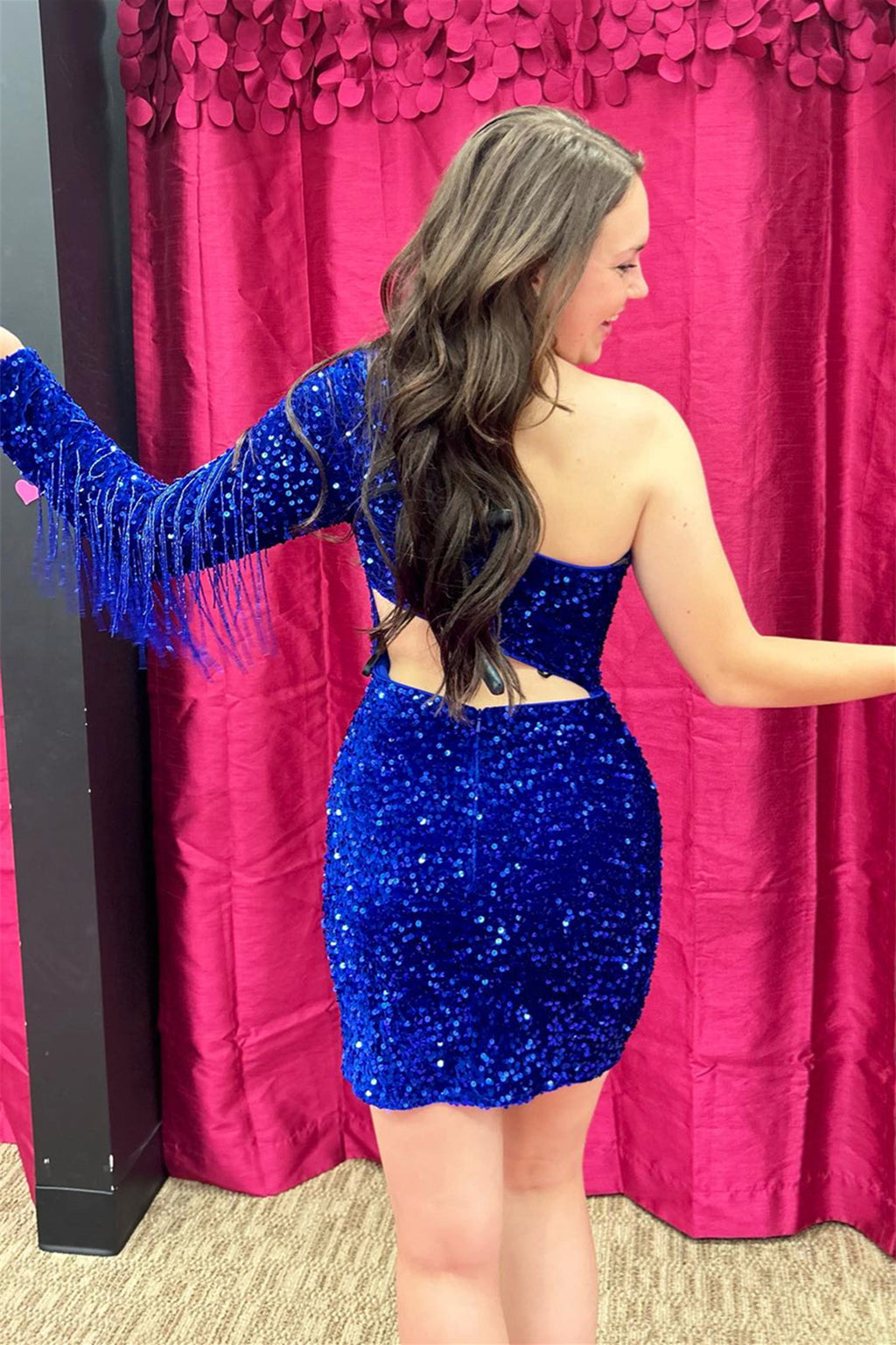 Royal Blue One Shoulder Long Sleeve Sequins Sheath Dress wi