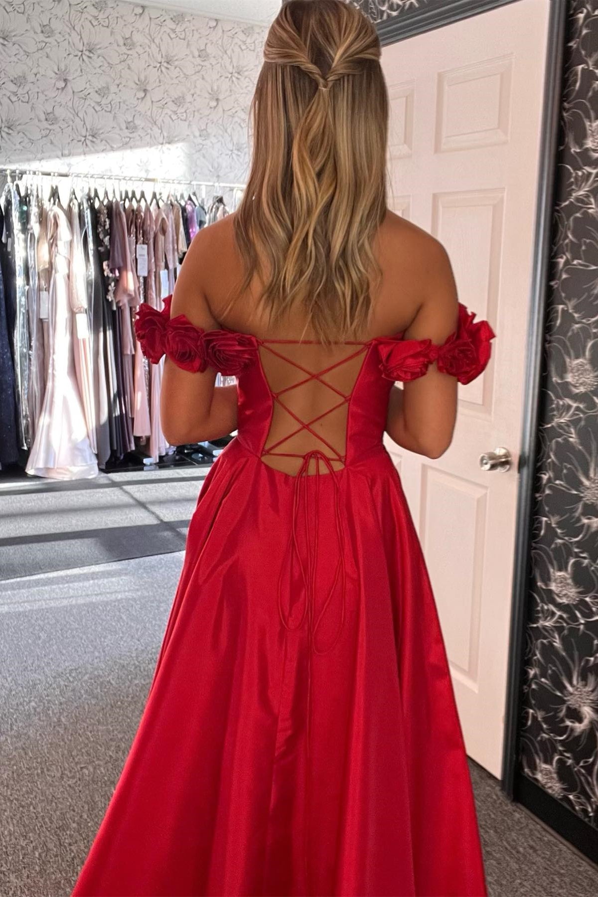 Red Floral Straps A-line Satin Long Prom Dress with Slit