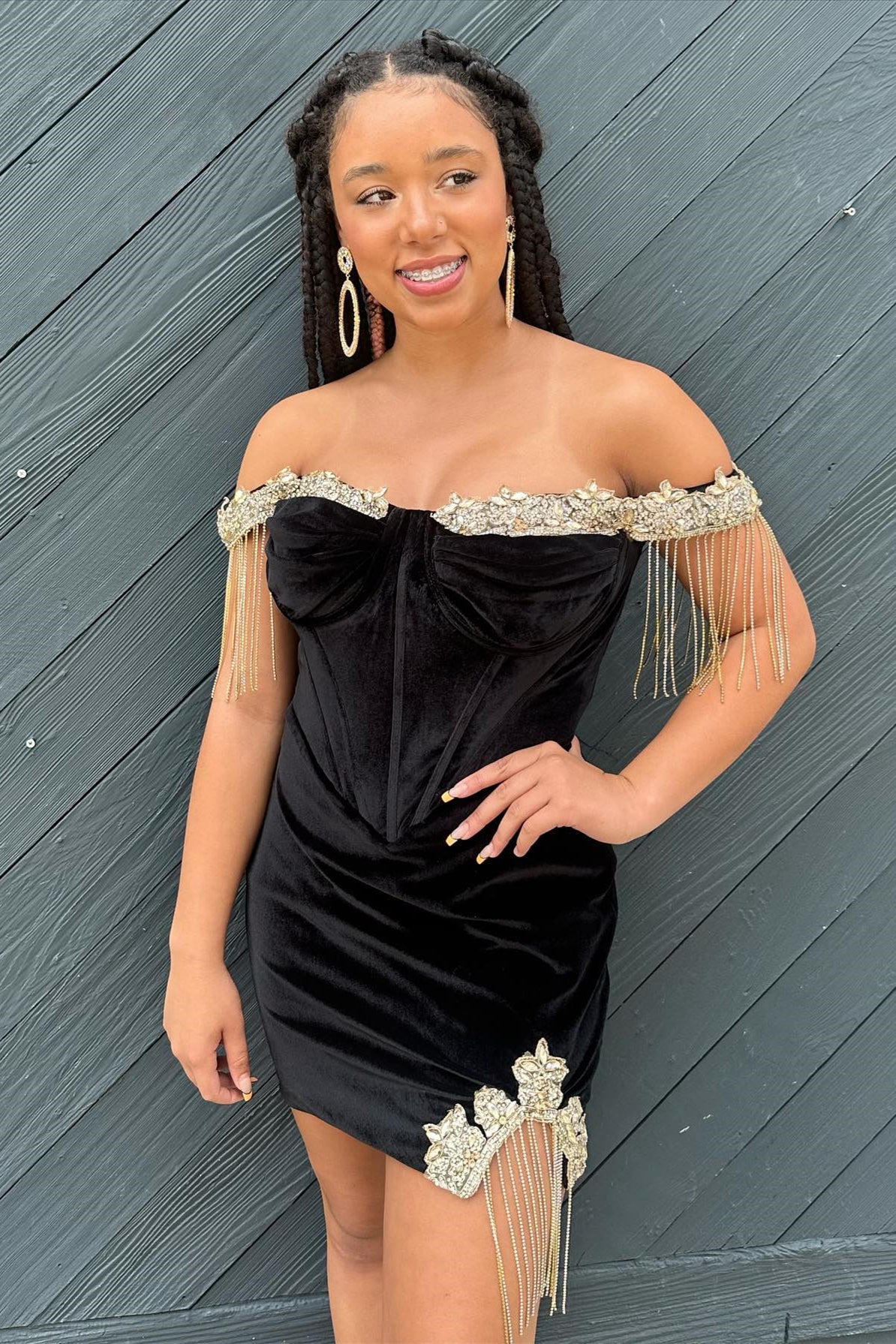 Black Beaded Velvet Off-the-Shoulder Sheath Homecoming Dress with Tassels