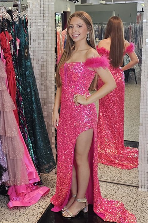 Hot Pink Feathered Off-Shoulder Mermaid Sequins Long Prom Dress with Slit