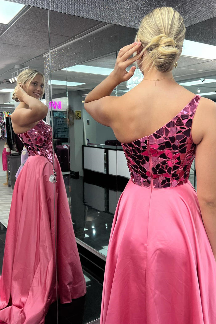 Hot Pink One Shoulder Mirror-Cut Sequins Top Long Prom Dress with Slit