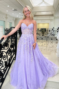 Lavender Strapless Appliques A-line Tulle Long Prom Dress