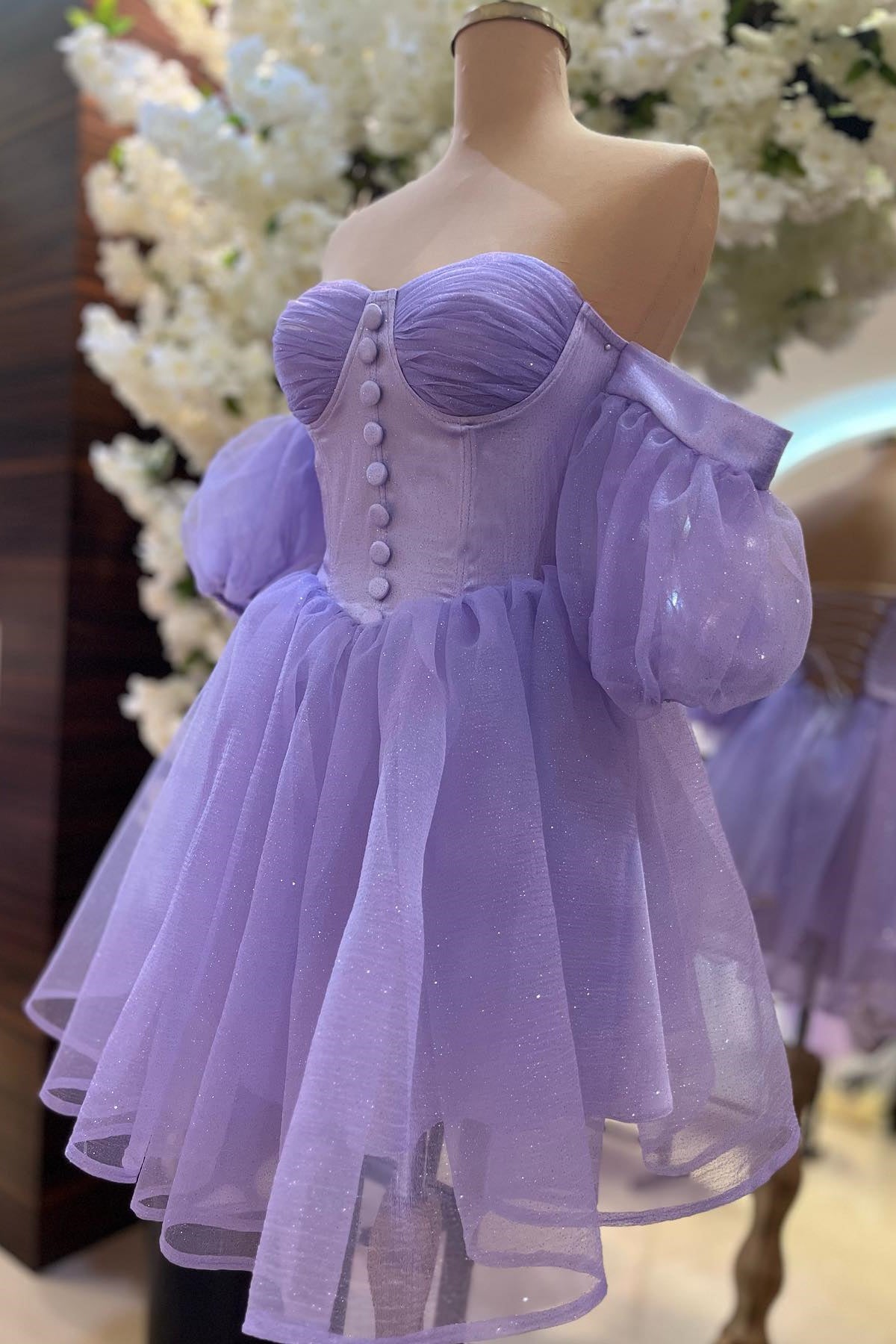 Lavender Off-the-Shoulder A-line Buttons Homecoming Dress