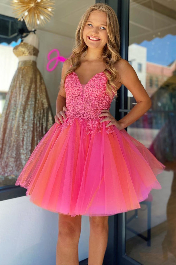 Hot Pink V Neck Straps Appliques Tulle Homecoming Dress