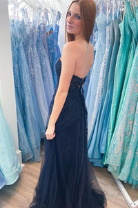 Dark Navy Strapless Floral Appliques A-line Long Prom Dress with Slit